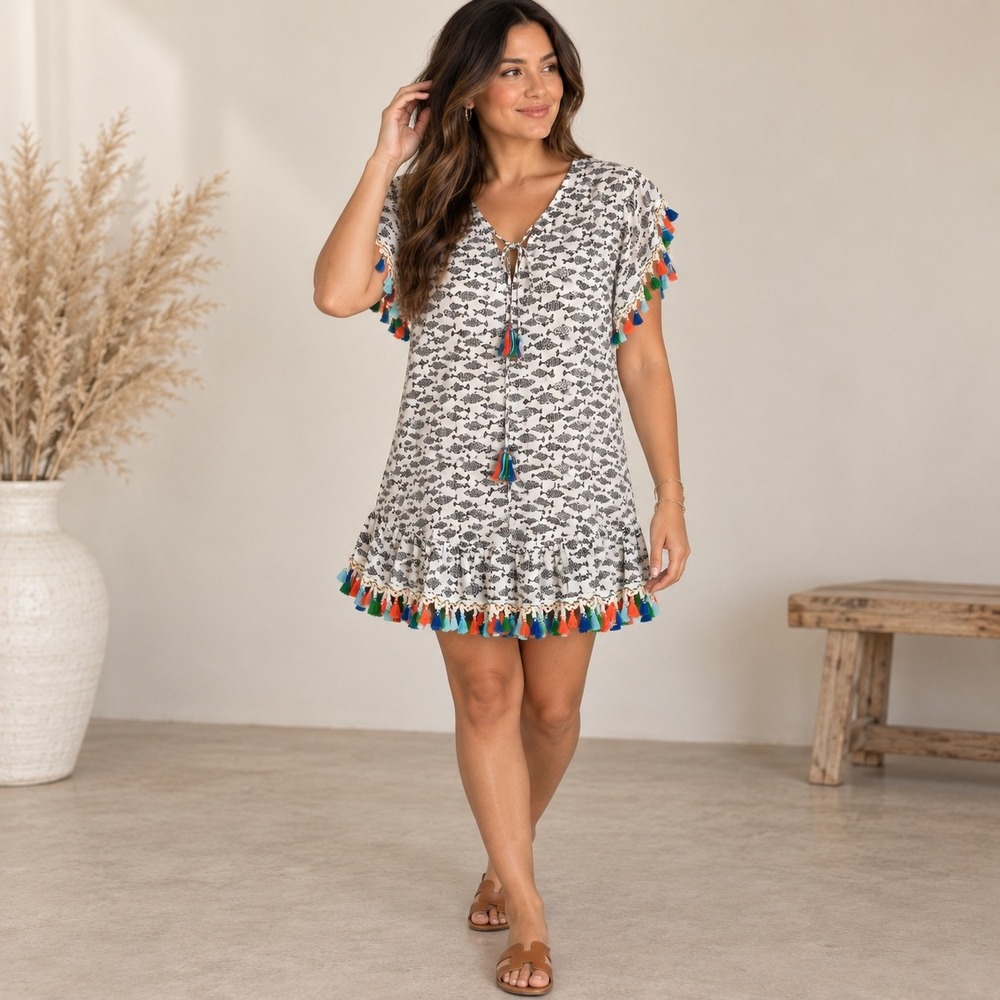 Uncle Frank Fish Catch Dress Large Black White Fish Print Multi Color Tassels